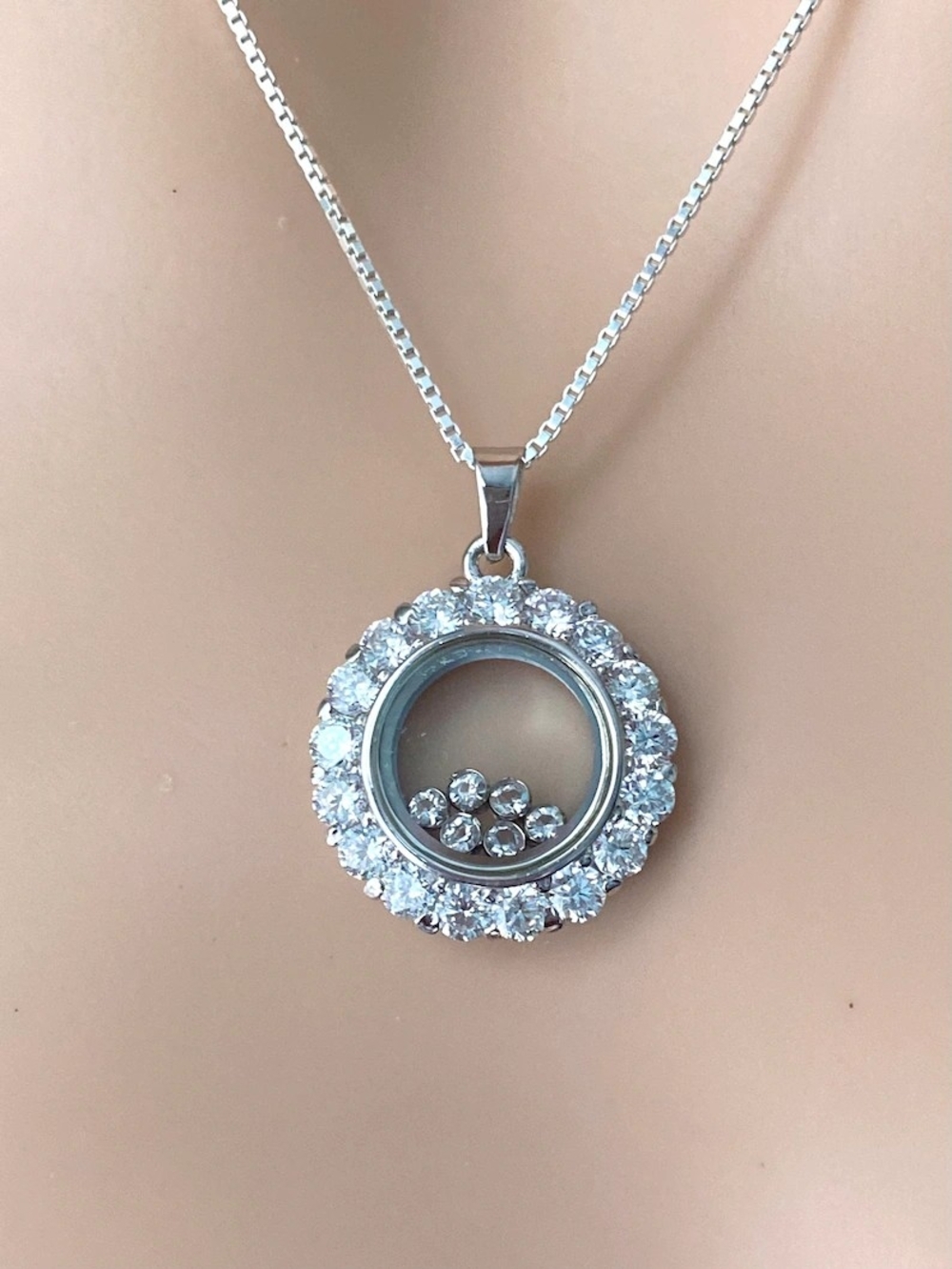 Sterling 925 Silver Crystal Halo Floating Pendant Necklace - White